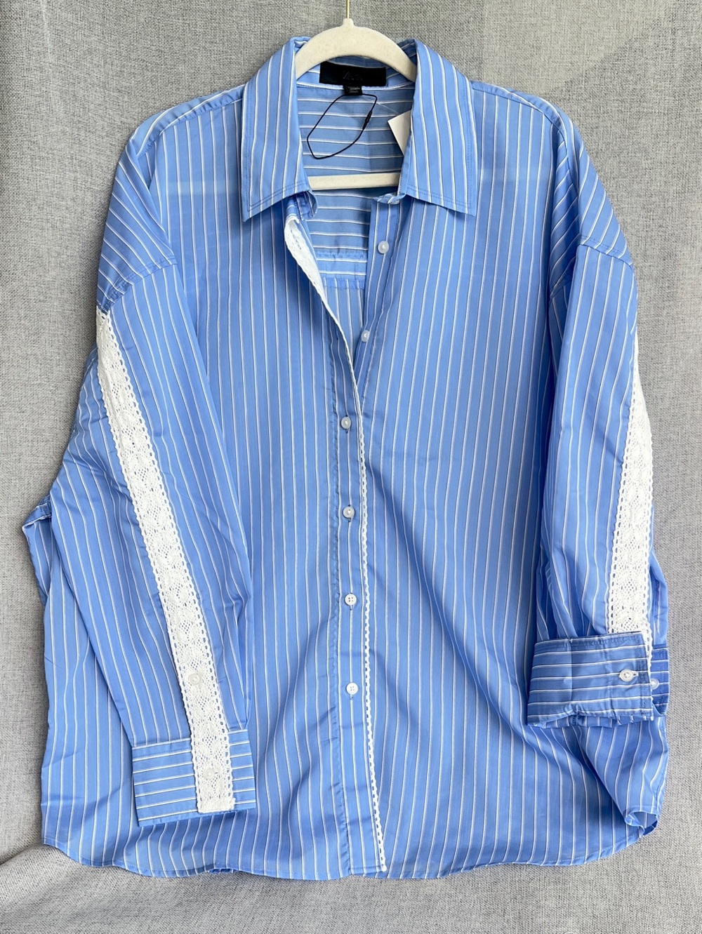 ZARA Oversize button down striped shirt with white lace size L